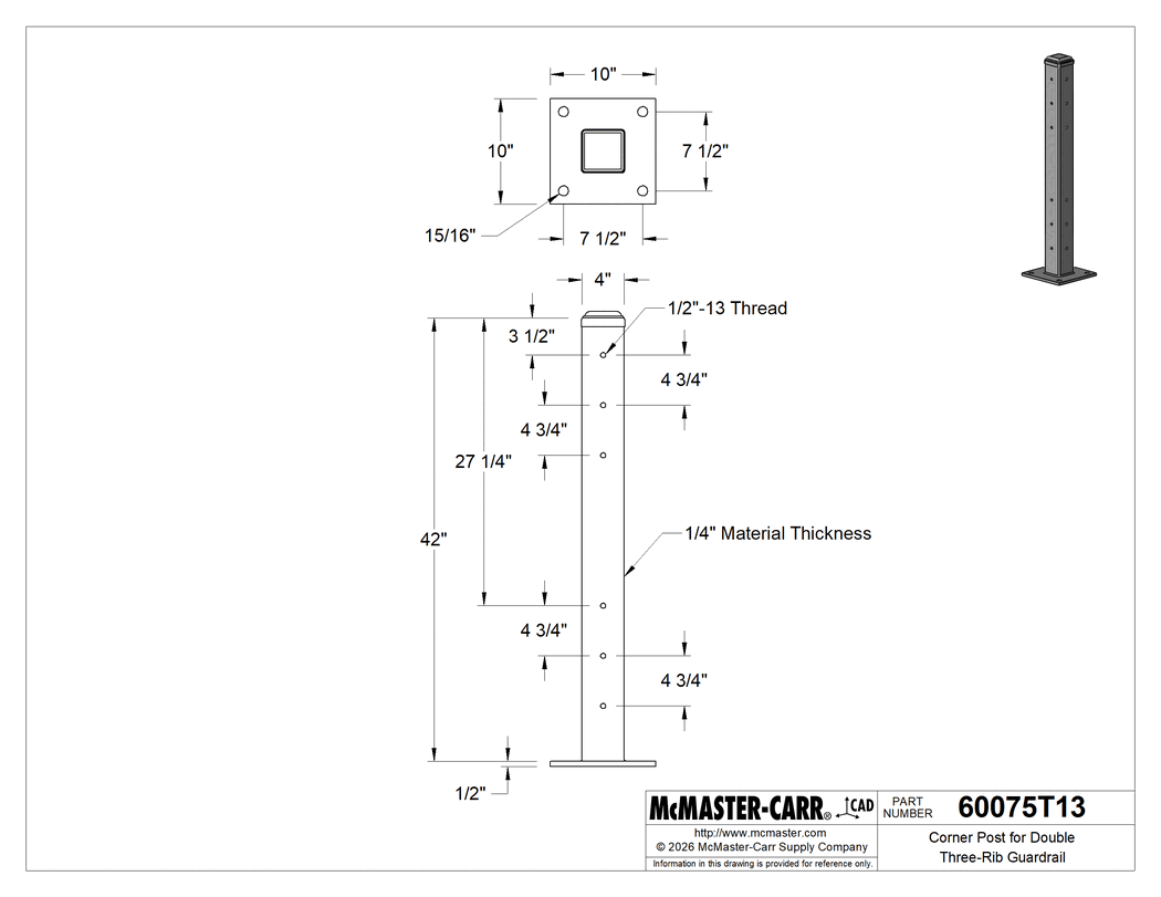Technical Drawing of Corner Post for Double Three-Rib Guardrail.
